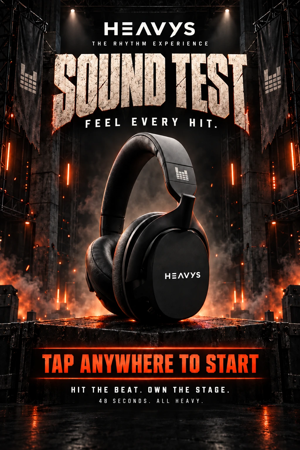 HEAVYS SOUND TEST. Feel every hit. Tap anywhere to start. Hit the beat. Own the stage. 48 seconds. All heavy. D, F, J, K or tap the four lanes.