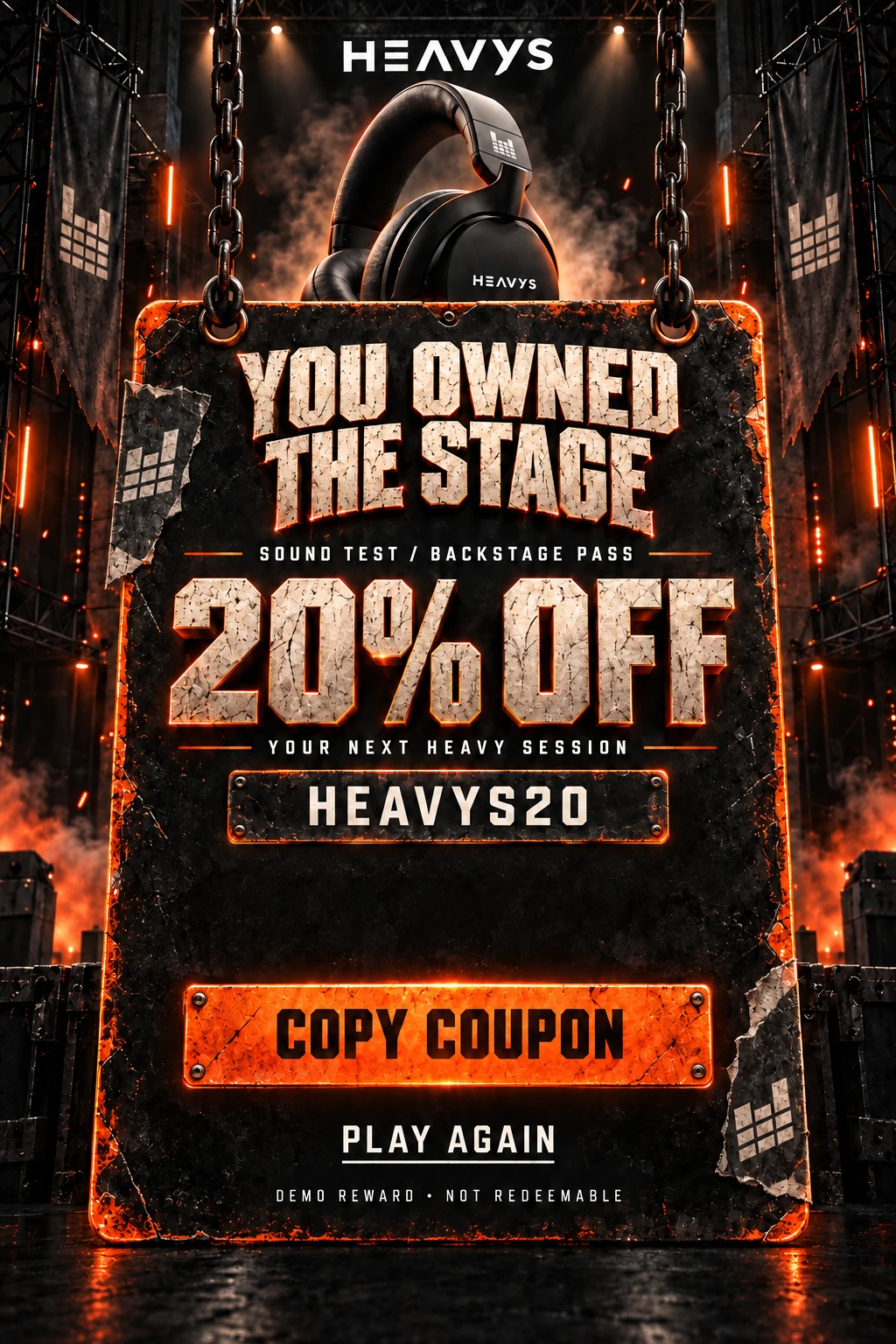 HEAVYS. You rock! 20% off HEAVYS gear. Code HEAVYS20. Demo coupon, not redeemable.